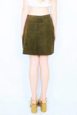 Vintage Suede Skirt - Soft Brown With Wave Embroidery - Size XS/S -Style Luma Sales Store embroidered brown suede vintage mini skirt back shot all about audrey