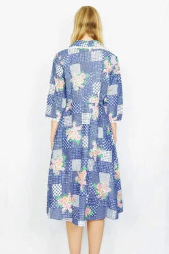 Vintage Midi Dress - Retro Faded Blue Patchwork - Size S/M -Style Luma Sales Store faded blue retro floral hearts patchwork jacket midi dress vintage bohemian all about audrey 1