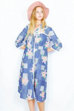 Vintage Midi Dress - Retro Faded Blue Patchwork - Size S/M