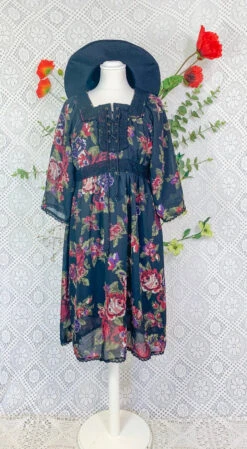 SALE Vintage Black Floral Dress With Lace - Size S
