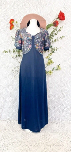 Vintage 70s Navy Sparkly Floral Top Maxi Dress - Size - S/M -Style Luma Sales Store image b99973ec c080 41ce 88a6 ef53de312da5