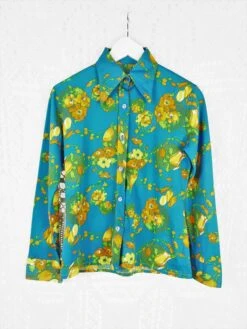 70's Vintage - Sky & Canary Bold Floral Shirt - Size S/M