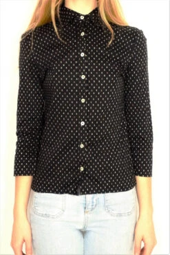 Vintage Cotton Shirt - Rook Chess Piece Motif - Size XS -Style Luma Sales Store model wearing 1970s boho vintage shirt pre loved recycled slow fashion all about audrey 1