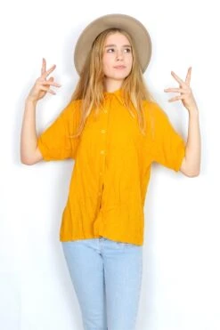 Vintage Woven Shirt - Mustard Yellow - Free Size M/L 9 Vintage Woven Shirt - Mustard Yellow - Free Size M/L -Style Luma Sales Store model wearing 1970s boho vintage shirt pre loved recycled slow fashion all about audrey 13