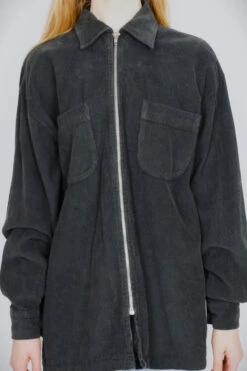 Vintage Unisex Corduroy Zip Up Shirt - Charcoal Grey - Free Size XL -Style Luma Sales Store model wearing 1970s boho vintage shirt pre loved recycled slow fashion all about audrey 8