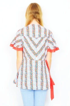 Vintage Robe Top - Red & White Frilly Polka Dot Floral - Size M/L -Style Luma Sales Store polka dot and floral frilly vintage 70s boho robe top back shot all about audrey