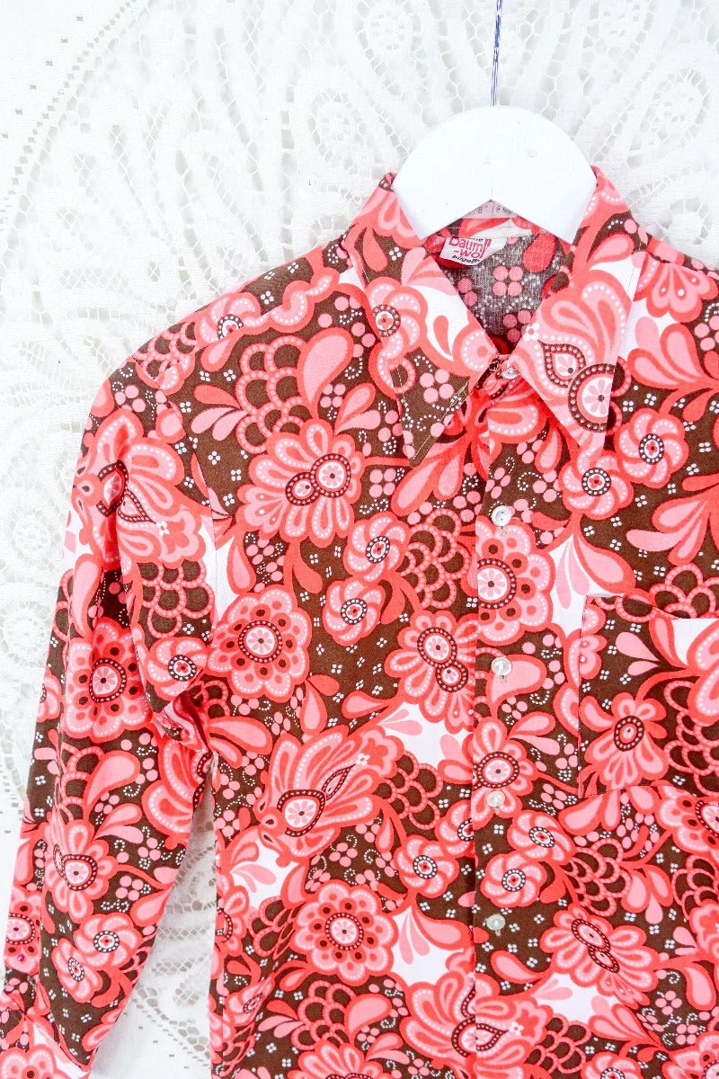 Vintage Blush Pink Retro Floral Print Shirt - Size XXS - Image 2