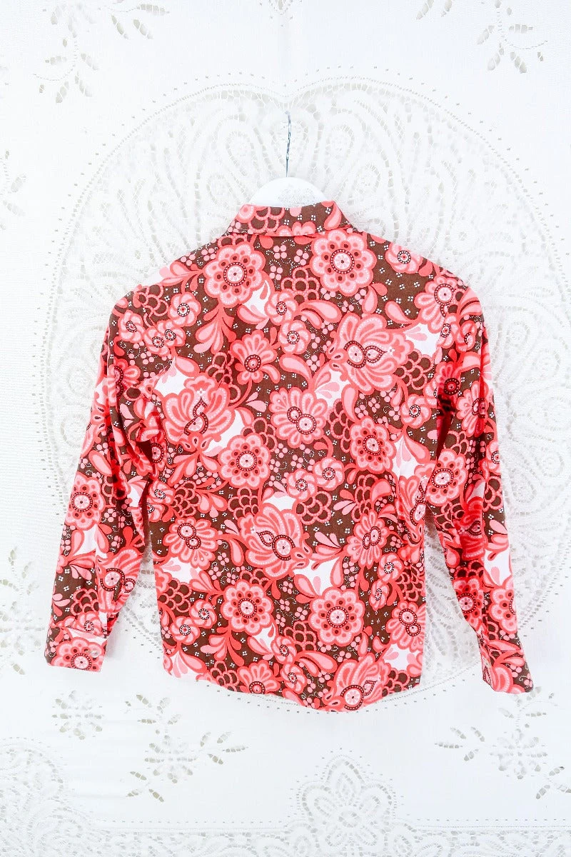 Vintage Blush Pink Retro Floral Print Shirt - Size XXS - Image 3
