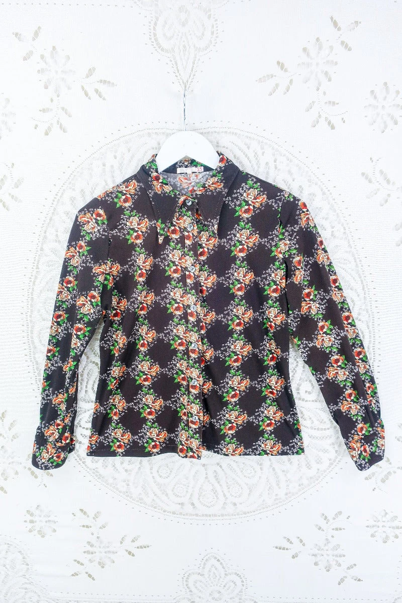 Vintage Dark Chocolate Floral Dagger Collar Shirt - Size S
