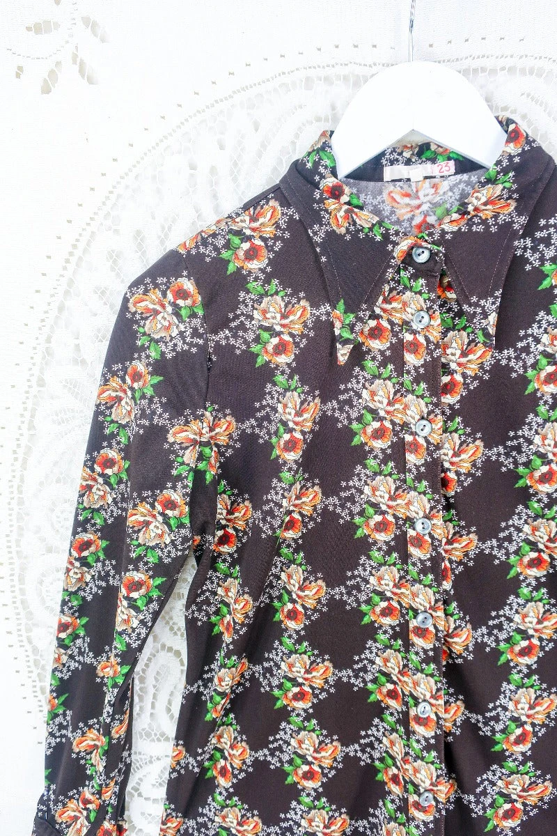 Vintage Dark Chocolate Floral Dagger Collar Shirt - Size S - Image 2