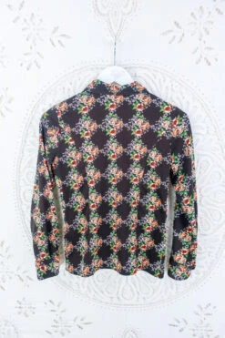 Vintage Dark Chocolate Floral Dagger Collar Shirt - Size S -Style Luma Sales Store vintage 1970s blouse boho everyday shirts with folky cottagecore vibes 70s hippie tops by all about audrey 18