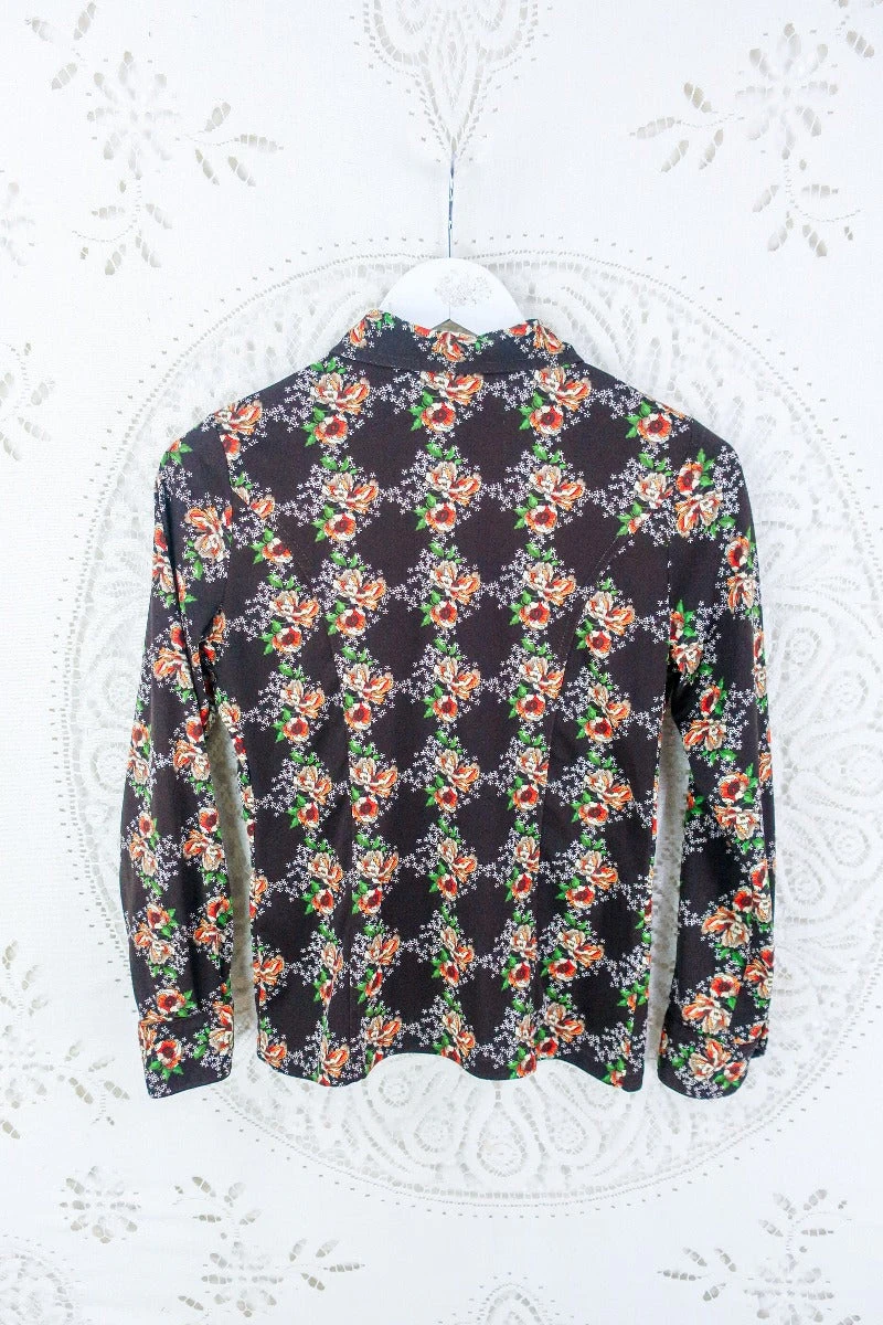 Vintage Dark Chocolate Floral Dagger Collar Shirt - Size S - Image 3