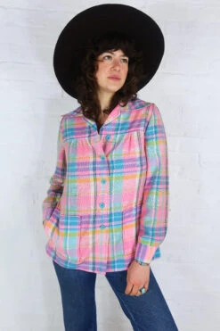 Vintage 70s Jacket / Overshirt - Baby Pink Plaid - Size S