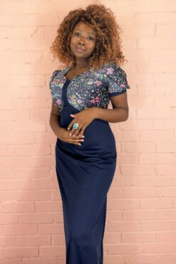 Vintage 70s Navy Sparkly Floral Top Maxi Dress - Size - S/M