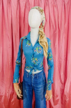Vintage Shirt - Cornflower Blue Painted Flowers - Size XXS