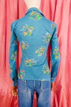 Vintage Shirt - Cornflower Blue Painted Flowers - Size XXS -Style Luma Sales Store vintage 70s boho blouse hippie printed vintage 1970s shirt colourful retro pattern button up shirt all about audrey 23