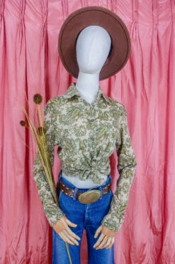 Vintage Shirt - Moss Green Psychedelic Paisley - Size S/M
