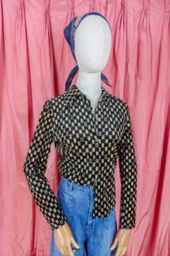 Vintage Shirt - Jet Black & Bronze Art Deco Print - Size S