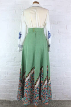 Vintage High Waisted Maxi Skirt - Bright Sage & Retro Floral - XXS -Style Luma Sales Store vintage clothing 70s bohemian fashion all about audrey 57