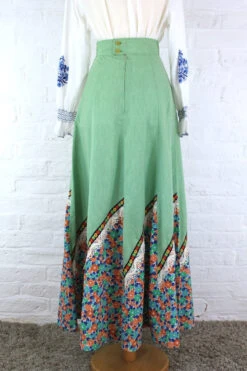 Vintage High Waisted Maxi Skirt - Bright Sage & Retro Floral - XXS -Style Luma Sales Store vintage clothing 70s bohemian fashion all about audrey 58