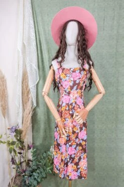 Vintage Midi Dress - Retro Patchwork Earth & Pink Floral - Size M/L