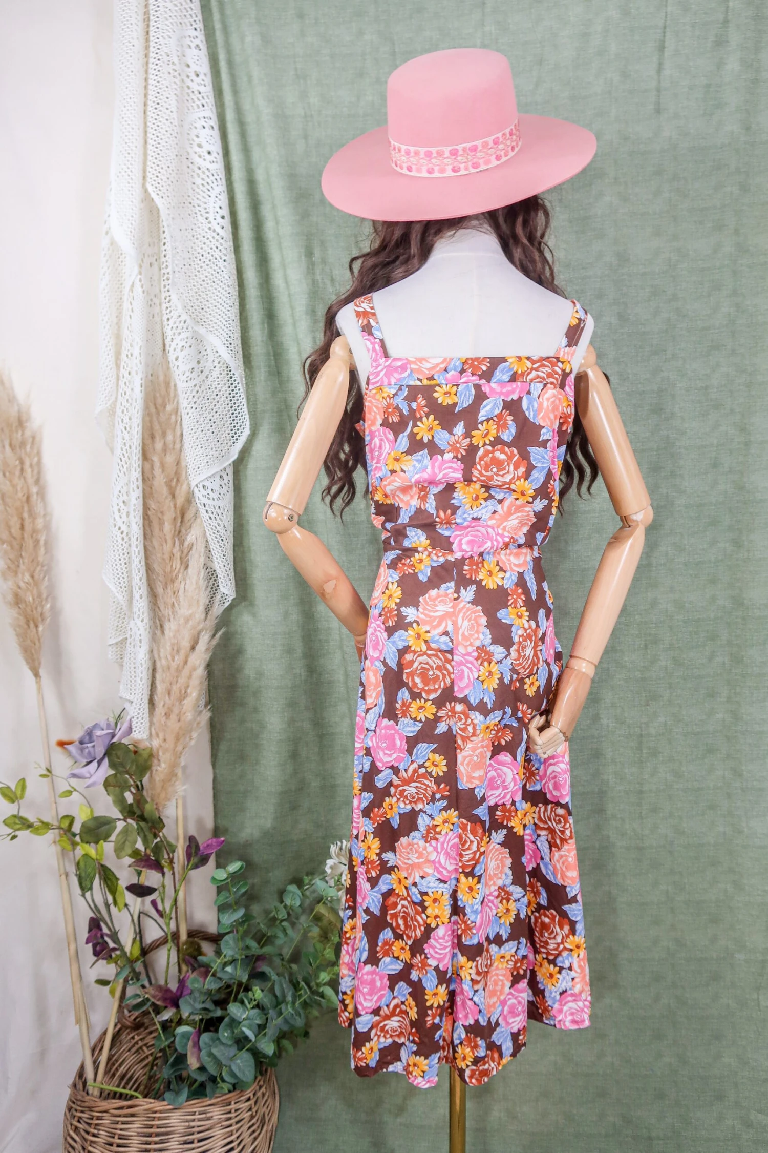 Vintage Midi Dress - Retro Patchwork Earth & Pink Floral - Size M/L - Image 3