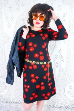Vintage Midi Dress - Jet Black & Poppy Red Floral - Size S