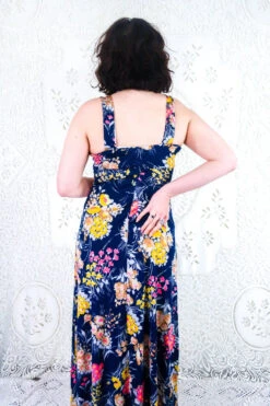 Vintage Maxi Sundress - Strappy Indigo Blue With Bright Meadow Floral - Size XS -Style Luma Sales Store vintage retro bohemian hippiechic dress midi maxi 70s groovy floral all about audrey 139