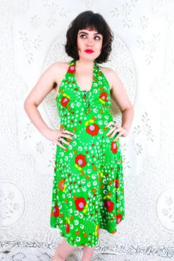 Vintage Midi Sundress - Halter-Neck Candy Green Groovy Floral - Size S/M