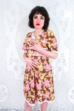 Vintage Slip Dress - Mocha Brown & Blush Retro Floral - Size S/M -Style Luma Sales Store vintage retro bohemian hippiechic dress midi maxi 70s groovy floral all about audrey 62