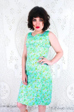 Vintage Shift Mini Dress - Aqua Blue 60's Mod Floral - Size S/M