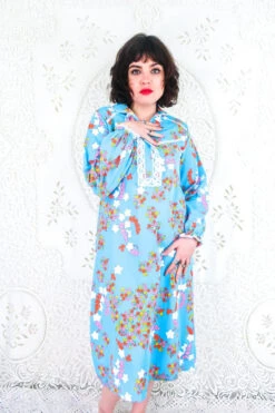 Vintage Midi Dress - Sky Blue With Bright Floral Stars - Size S
