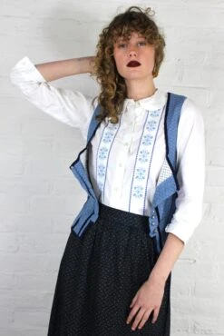 Vintage 70s Bavarian Style Shirt In White With Blue Cross Stitch Design - S