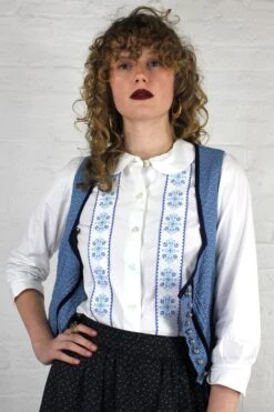 Vintage 70s Bavarian Style Shirt In White With Blue Cross Stitch Design - S -Style Luma Sales Store vintage white blue embroidered folk shirt all about audrey 4