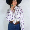 Vintage Retro Dagger Collar Shirt - Pearl & Violet Floral Shirt - Free Size M/L