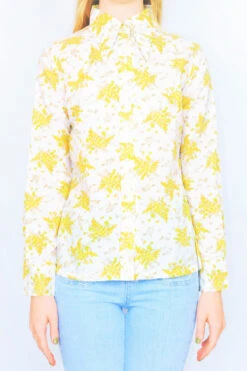Vintage 70s Shirt - White With Soft Autumnal Bouquet Print - Size S -Style Luma Sales Store white vintage shirt autumnal bouquet print close up all about audrey